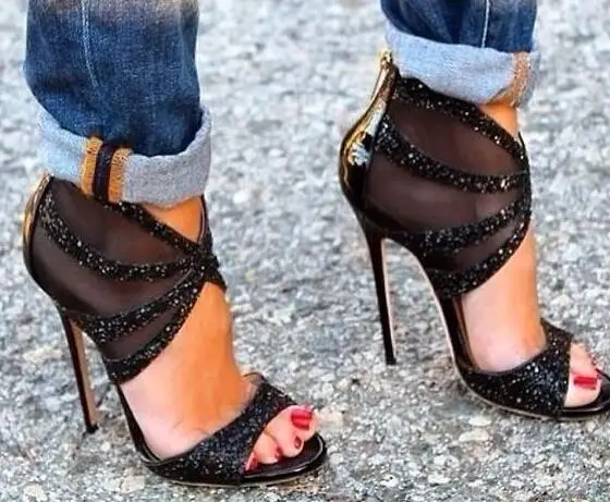 

Summer Hot Black Glitter Women Open Toe Sandals Sexy Black Mesh Patchwork Ladies Cutout Style High Heels Female Fashion Stiletto