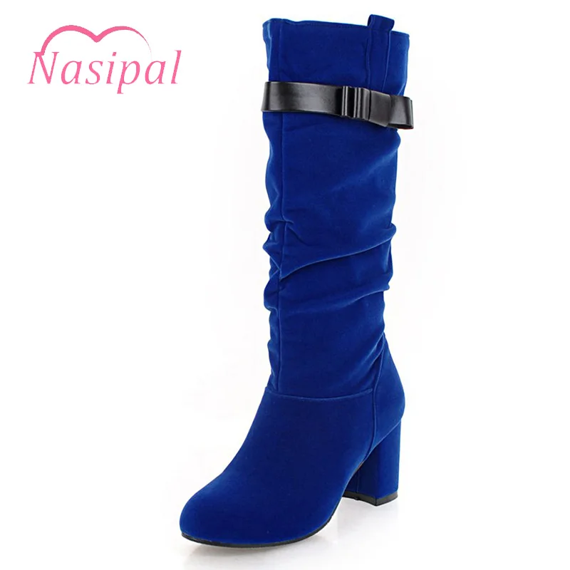 

Nasipal Mid Calf Boots Ladies Knight Boots Slip On Pleated Butterfly-knot Half Boots Plus Size 31-43 Black Blue Red Shoes M723