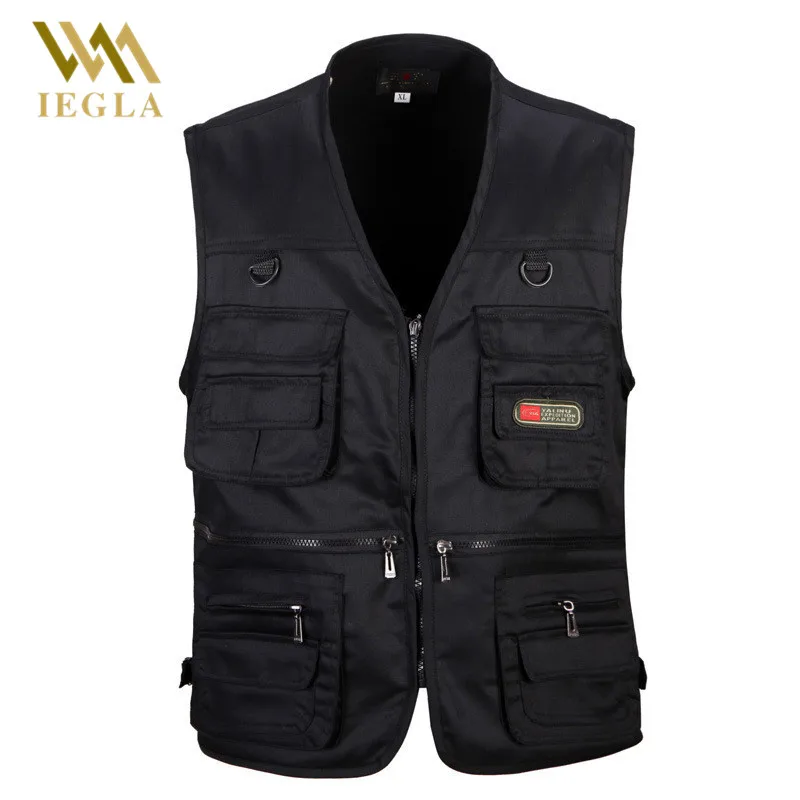 Baratos Chaleco de hombre de moda de algodón sin mangas chaquetas negro Casual de pesca chalecos con muchos bolsillos Chaleco de descarga
