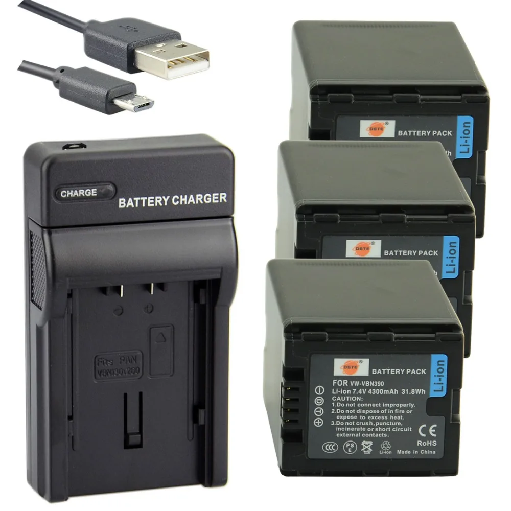 

DSTE 3PCS VW-VBN390 Li-ion Battery with USB Port Charger for Panasonic HDC-SD800GK TM900 HS900 SD900 Camera