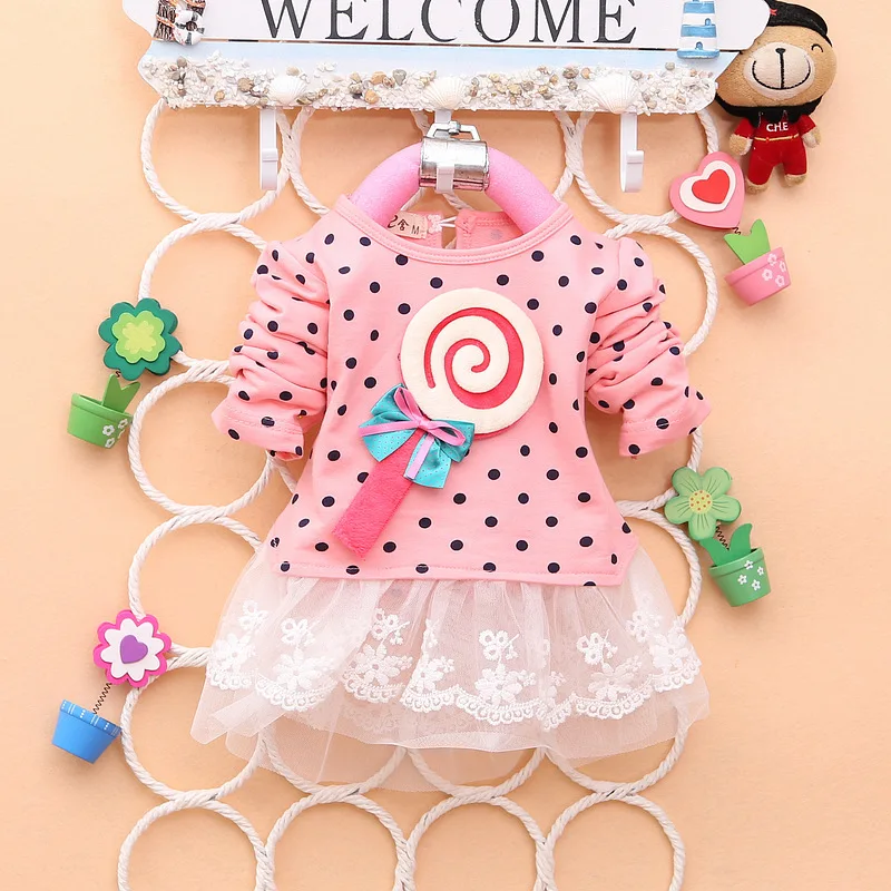 

Fashion Vestidos baby girl dress roupas infantil meninas lovely cute Lollipops full sleeve polka lace dress with bow-knot wear