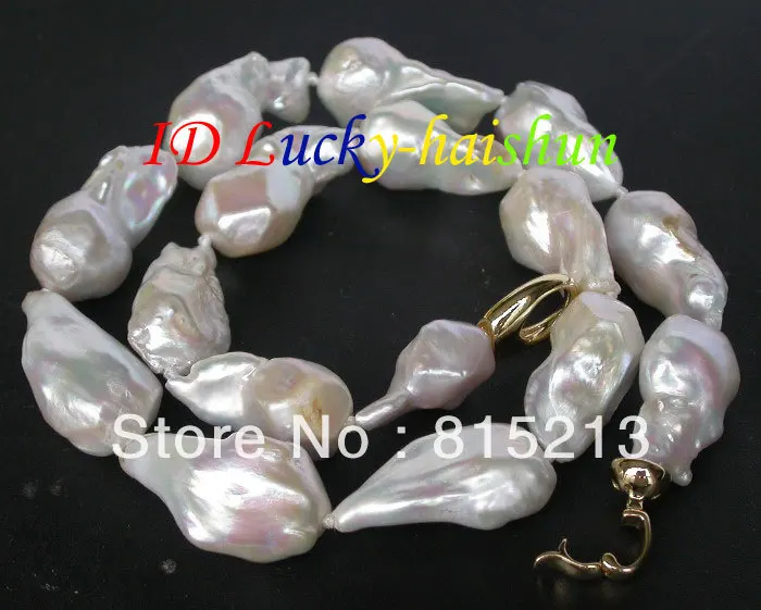 

FREE SHIPPING>@@> N608 HUGE 29mm natural luster white Reborn keshi pearls necklace filled gold