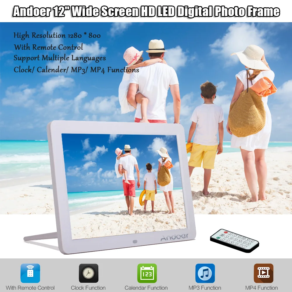 Andoer 1" HD LED Фоторамки цифровой альбом 1280*800 Multi-Язык включая светодиодные часы Календари MP3 MP4 игрок кино