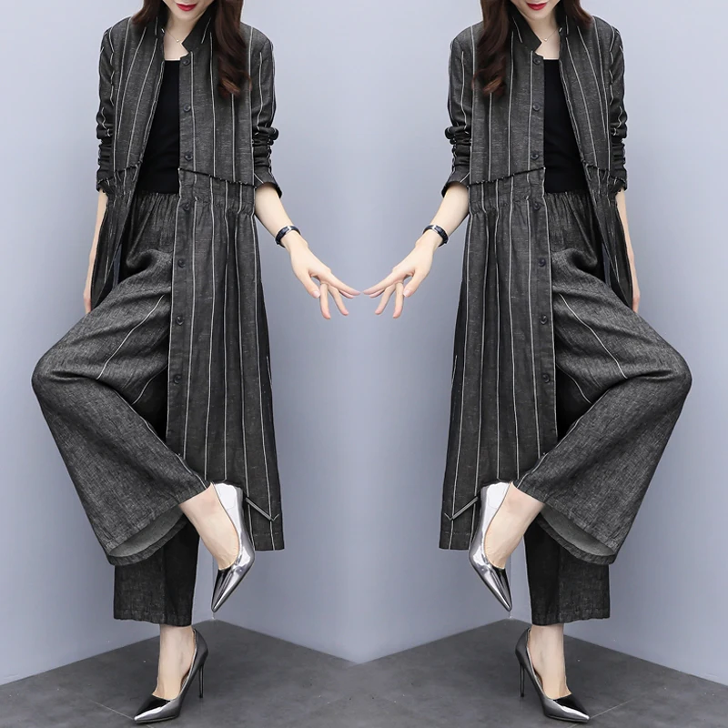 

Large Size Striped Women's Suit Two Piece Set Stylish Conjunto Feminino Year-old Female Costume Ensemble Femme Deux Pieces
