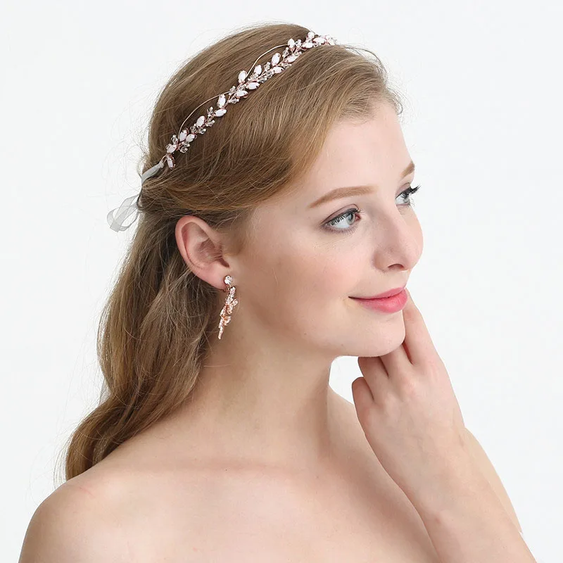 Женский обруч для волос SLBRIDAL цвета розового золота с кристаллами жемчужинами и