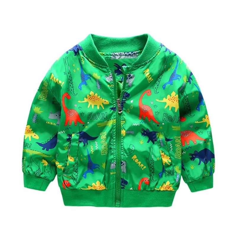 

Autumn Toddler Girl Boy Jackets Fashion Cartoon Dinosaur Printing Coat Zipper Outwaer With Pockets