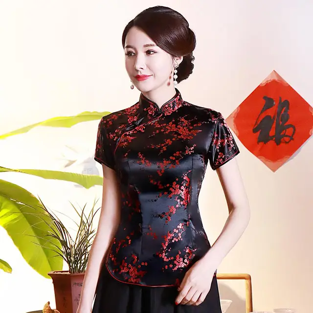 Vintage Flower Women Chinese Traditional Satin Blouse Summer Sexy Shirt Novelty Dragon Clothing Tops Plus Size 3XL 4XL WS009 Black Red Flower