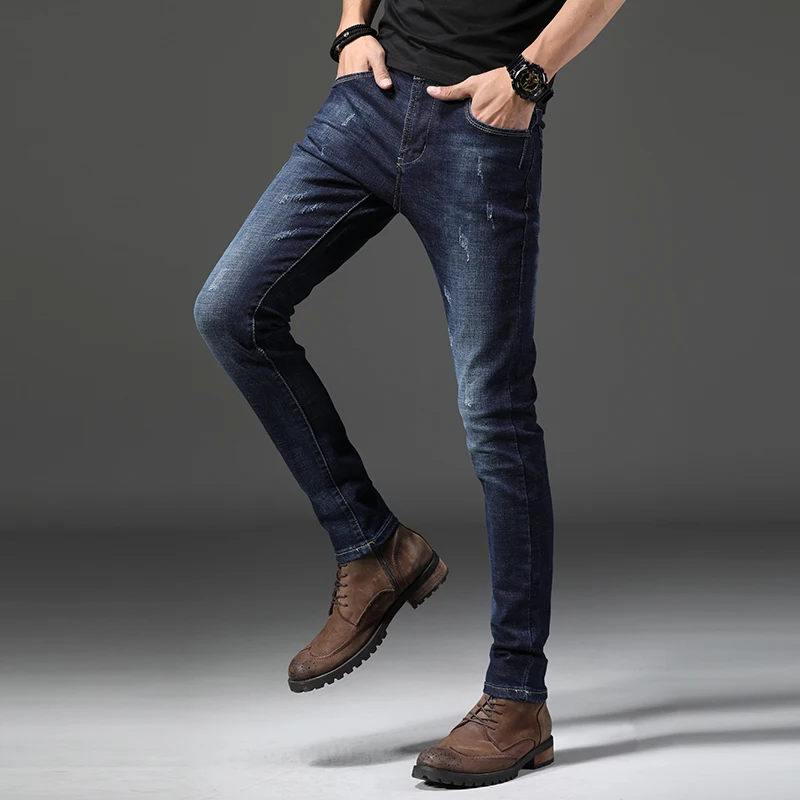 Осень-зима, мужские брендовые джинсы, модные мужские повседневные облегающие прямые джинсы с высокой талией, синие мужские брюки