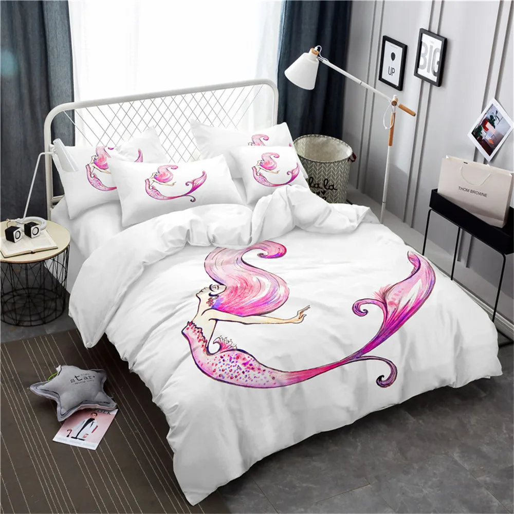 cheap Princess Mermaid Bedding Set Girls Cartoon Duvet Cover Set Festival Gift Bedclothes King Queen Bed Cover Pillowcase Home Decor