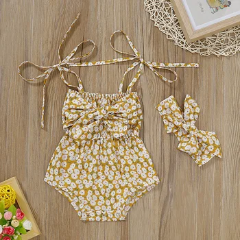 

Pudcoco Summer Newborn Baby Girl Clothes Off Shoulder Flower Print Strap Romper Jumpsuit Headband 2Pcs Outfits Cotton Clothes