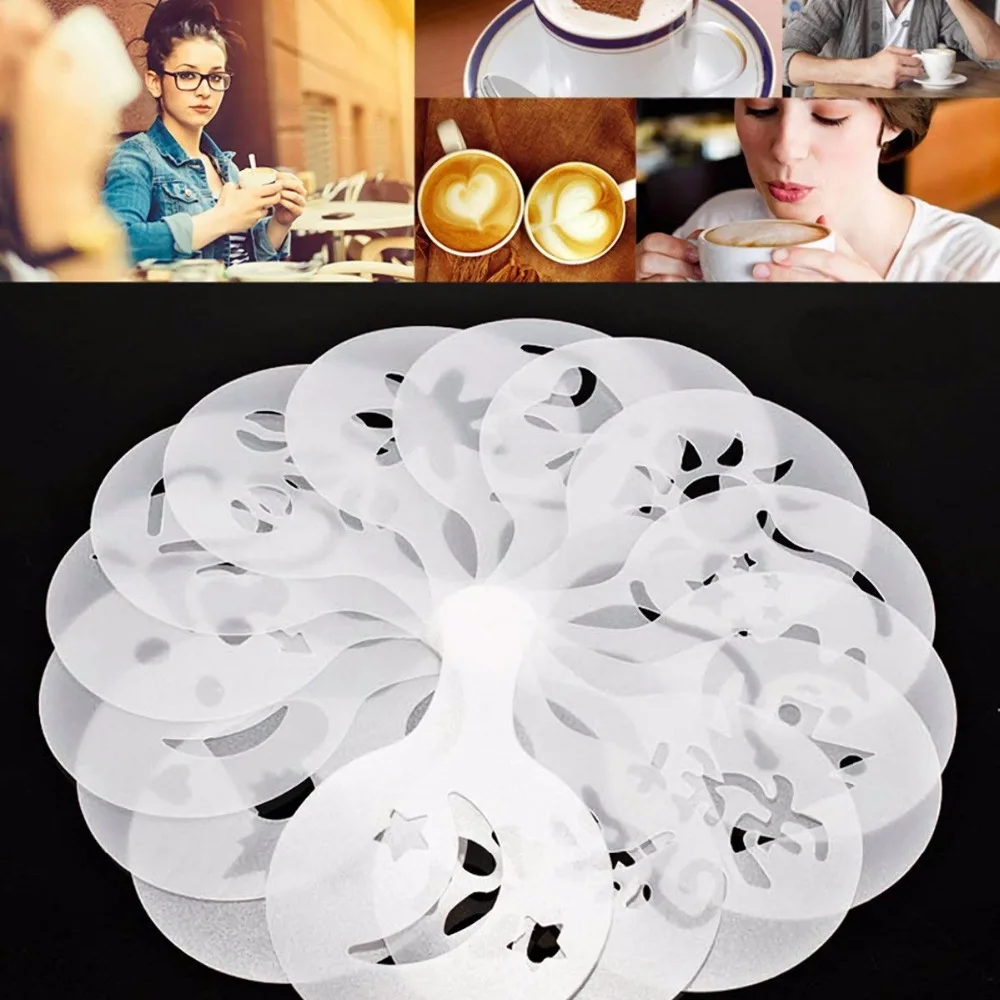 16PCS/set Plastic Cafe Foam Spray Template Barista Stencils Decoration Tool Garland Mold Fancy Coffee Printing Flower Model cappuccino mold