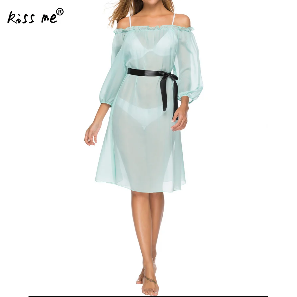 

Chiffon Slim Beach Dress See Through Sexy Bikini Set Mid Beach Dress With Belt Women Off Shoulder Holiday Beach Robe Sarong