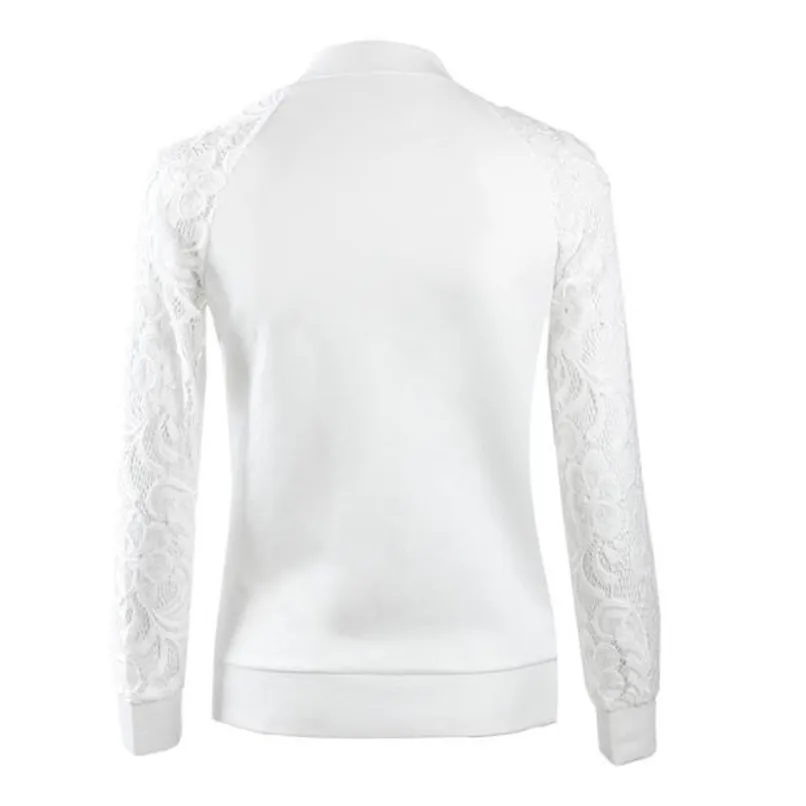 Lace Sleeve Women Basic Coats Long Sleeve Lace Patchwork Transparent Zipper Casual Slim Jacket Coat Bomber Jacket Outwear 40OC316