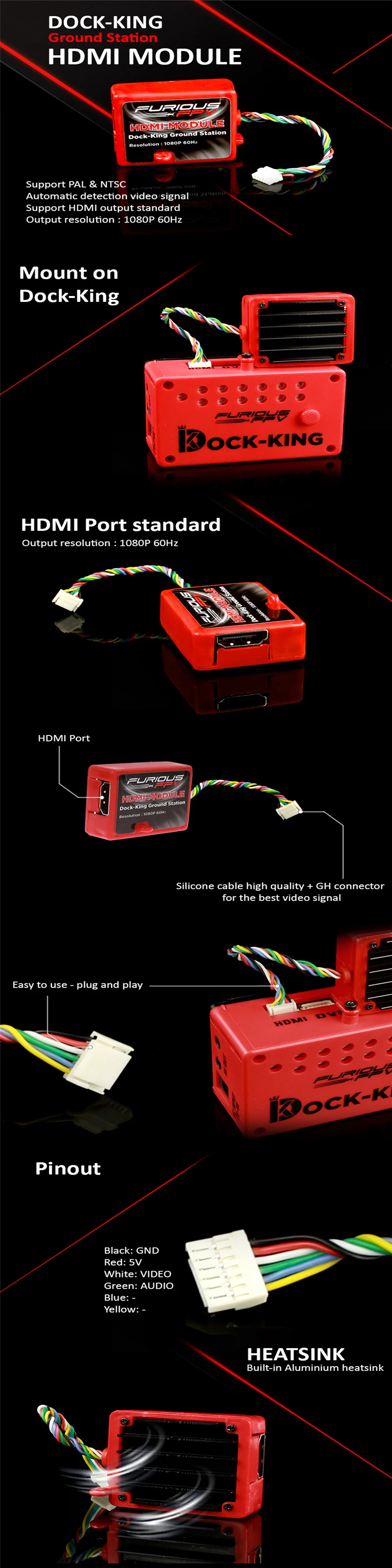 Furious FPV HDMI модуль Dock-King наземная станция Поддержка HD 1080 P 60 Гц Выходное разрешение для Радиоуправляемый Дрон Мультикоптер запасные части