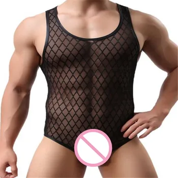 

Men's Sexy Transparent Mesh Plaid BodySuit Singlet,Bodybuilding Bodywear,Men's Underwear