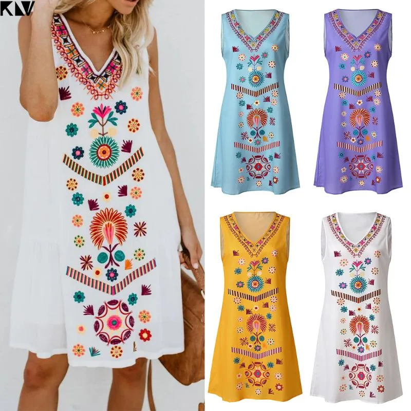 

KLV Women Summer Plus Size Boho Sleeveless V Neck Sundress Ladies Holiday Beach Dress