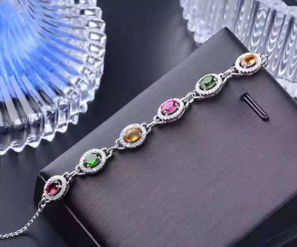  Bracelet tourmaline multicolore naturel Bracelet pierre naturelle 925 bracelet argent femme mode ro