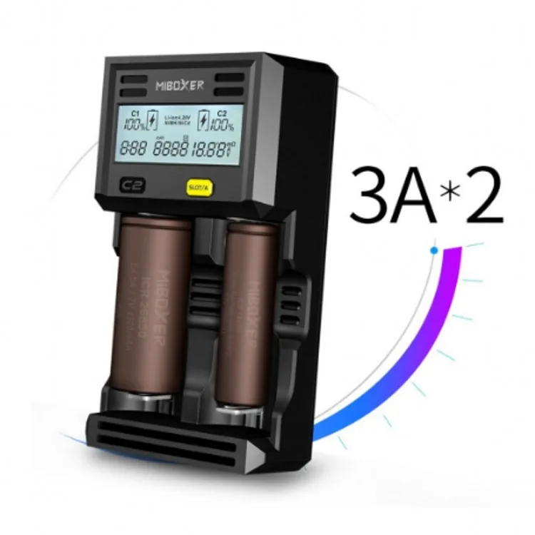 

Miboxer C2 6000 2Slots 3A/slot LCD Screen Smart Battery Charger w for Li-ion/INR/ICR/Ni-MH/Ni-Cd/LiFePO4 rechargeable batteries
