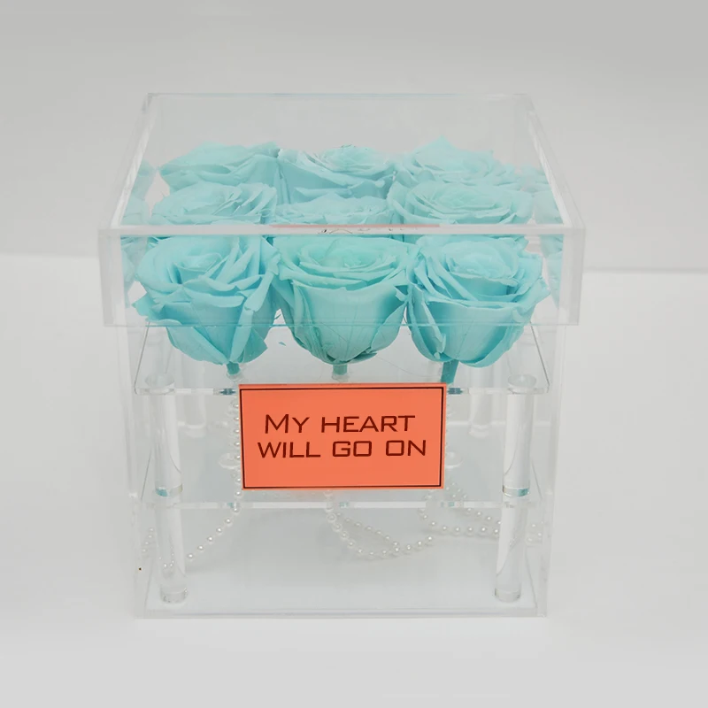 

Acrylic Blue Rose Flower Box 9 holes Transparent Makeup Organizer Cosmetic Case With Lid Storage Box for Flower