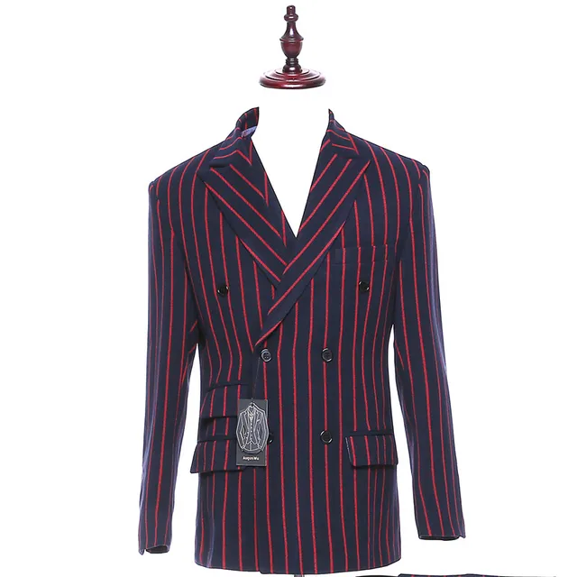 Men Suit Jacket Red and Black Stripes Double Breasted Blazers Male Slim