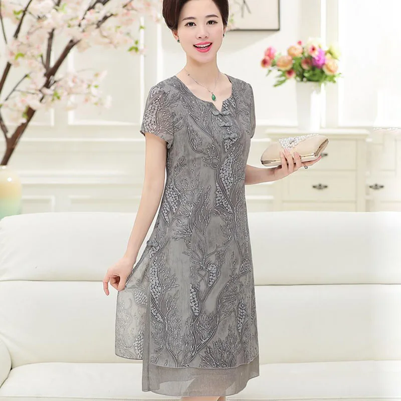 Новинка размера плюс XL-5XL летние женские платья винтажное элегантное женское свободное платье для среднего возраста модное платье с коротким рукавом LY775 - Цвет: Серый