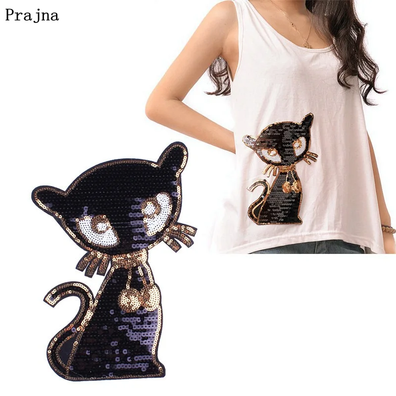 

Prajna Black Cat Patches Sequins Big size Iron On Patch Sewing Iron Patches For Clothing Appliques For T-shirt Coat Clothes DIY