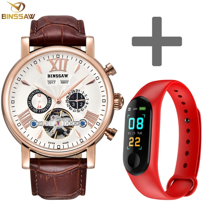 

BINSSAW Men Automatic Mechanical Watch Tourbillon Leather Fashion Casual Luxury Brand Self-Wind Kid Mens Smart Women Set Watches