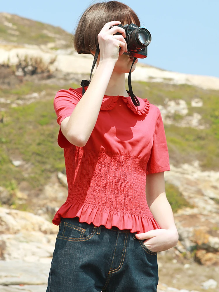 

LYNETTE'S CHINOISERIE Summer Original Design Women French Maiden Slim Waist Blouses