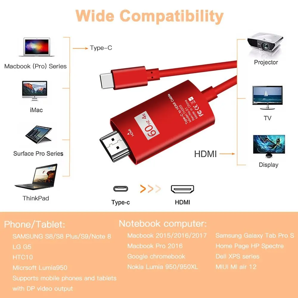 Usb إلى hdmi كبل 6.6ft ، نوع c إلى hdmi محول hdtv hdmi محول 4K @ 60 هرتز ل الجديد macbook pro ، بوك ، سامسونج غالاكسي s9/s8/s8