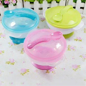 

Baby Anti-slip Double Ear Sucker Bowl with Lid with Spoon Baby Training Bowl Baby Food Supplement Tableware G