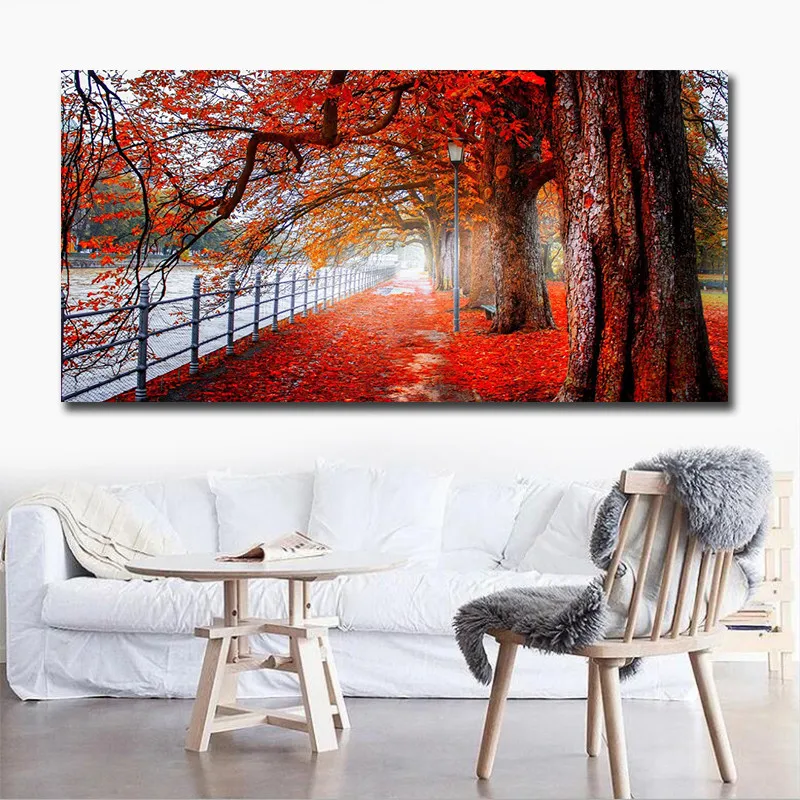 Современный холст goodecoration красный лес пейзаж настенные картины для гостиной
