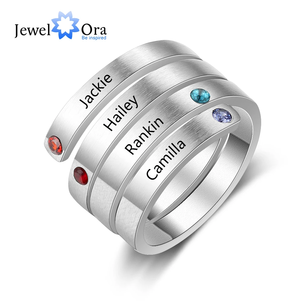 

Personalized Stainless Steel Stackable Rings for Women Engrave Name Ring with 4 Birthstones Custom Family Gift JewelOra RI103803