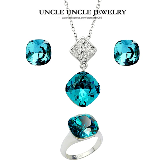 

Woman Blue Austrian Crystal Jewelry Set White Gold Color Luxury Square Ring Earring Necklace Set Wholesale Perfect Gifts