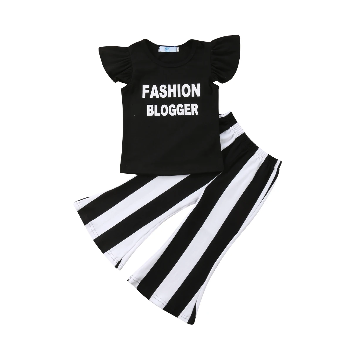 2018 New Brand Kids Baby Girls Summer Fly Sleeve Letter Cotton Tops T-shirt Bell-Bottom Striped Pants Outfit Set Clothes | Детская