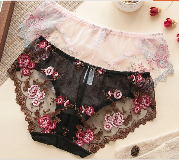 

Women's thin sexy perspective mesh flower embroidery lace Panties female low waist sexy cotton lining brief underwear R1045