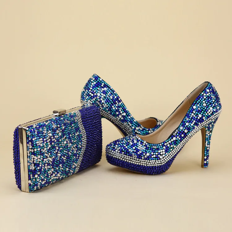 Королевские синие Разноцветные кристаллы; свадебные туфли с сумочкой; модные женские туфли и сумочка в комплекте; женская обувь на высокой платформе