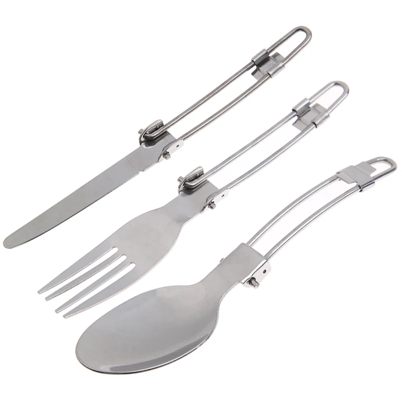 

Portable 3 in 1 Outdoor Tableware Camping Picnic Tableware Stainless Steel Folding Fork and Spoon Tab with Bag