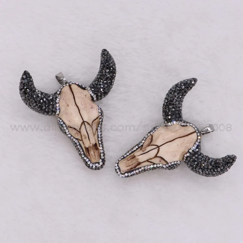 

5PCS Fashion buffalo Head pendant Bull Cattle Charm Bead Long horn Pave rhinestone Cattle Pendant for Jewelry Accessories 2247