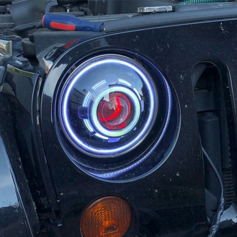 7 дюймов RGB светодиодный Звездное фары для автомобиля с дьявол Halo Ангел глаз Jeep