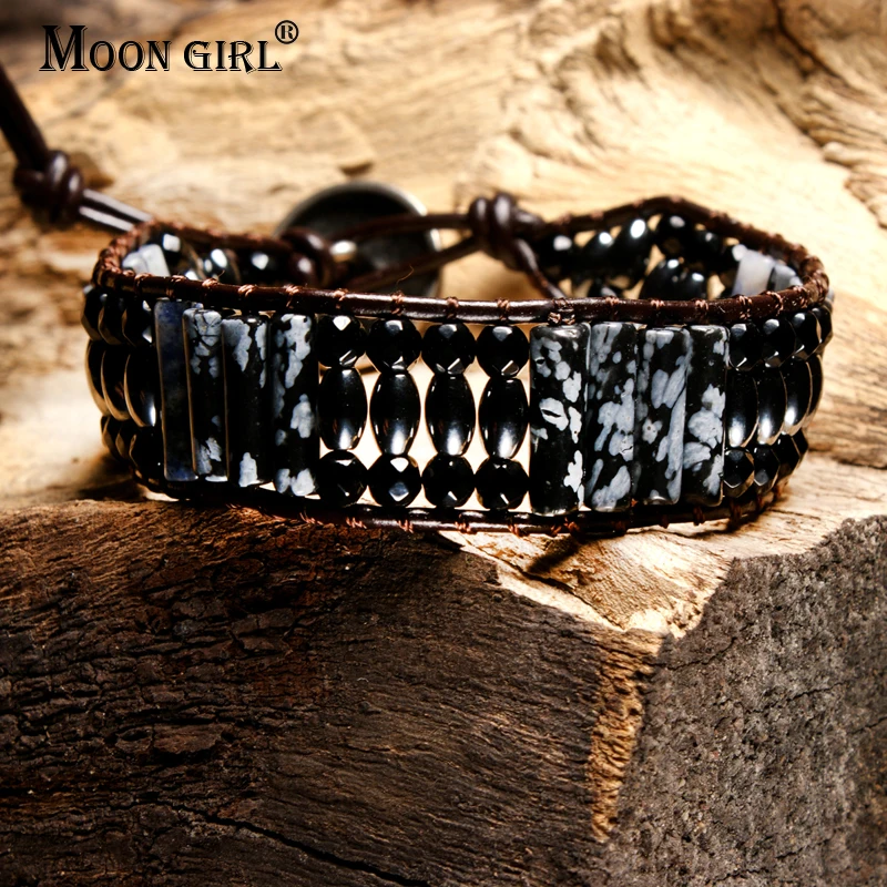 

MOON GIRL Unique Tube Snowflake Stone Single Leather Wrap Bracelets Wholesale Handmade Bohemian Weaving Charms Bracelet Dropship