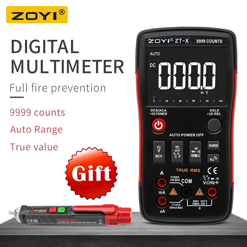 

ZOYI ZT-X True-RMS AUTO Range Digital Multimeter AC/DC Voltmeter Ammeter Button 9999 Counts NCV Diode Tester DATA HOLD