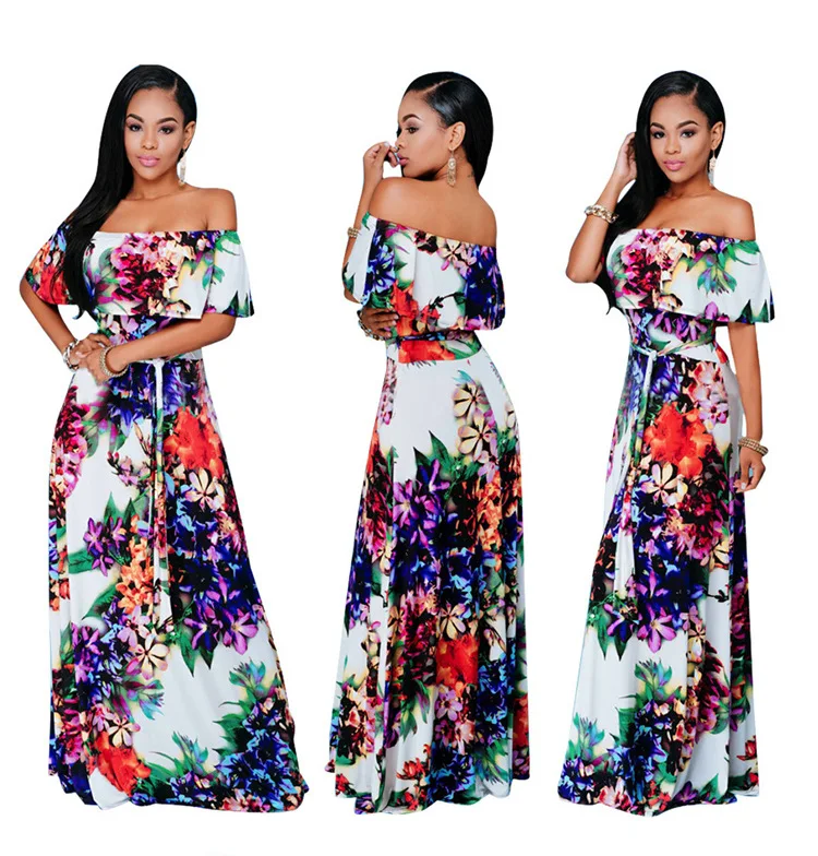 

Boho style long dress women off shoulder evening party dresses floral print vintage chiffon maxi dress vestidos de festa