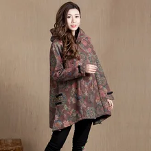 81317, Colorful Folk Style Dress With A Thick Loose Winter Hooded Cotton Cashmere Wool Coat Jacket