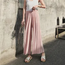 2019 Season High Waist Pleated Chiffon Leg Pants Woman Summer Nine Points Student Hong Kong Flavor Easy