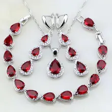 Капли воды Красный Цирконий белый CZ 925 пробы серебряные Ювелирные наборы для женщин вечерние серьги/кулон/ожерелье/браслет T017
