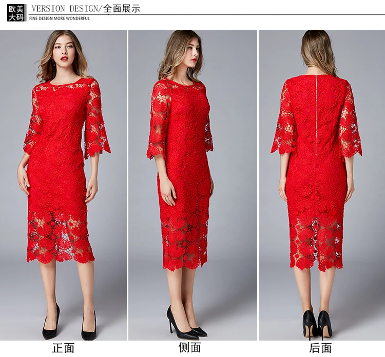 Большие размеры, женское платье, L-5XL, высокое качество, лето, весна, платье, выдалбливают, вышивка цветочный узор, кружево, длина до середины икры, красное платье