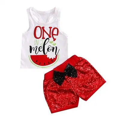

Emmababy Baby Girls Clothes Summer 2PCS Outfit Sleeveless Melon Top T-shirt Dress+Shorts Red Kids Baby Clothing Set 0-24M