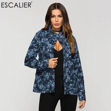 ESCALIER, осенняя Женская Базовая куртка из хлопка, синяя, с принтом, на молнии, с завязками, повседневная короткая куртка, с манжетами, с полым дизайном, пальто