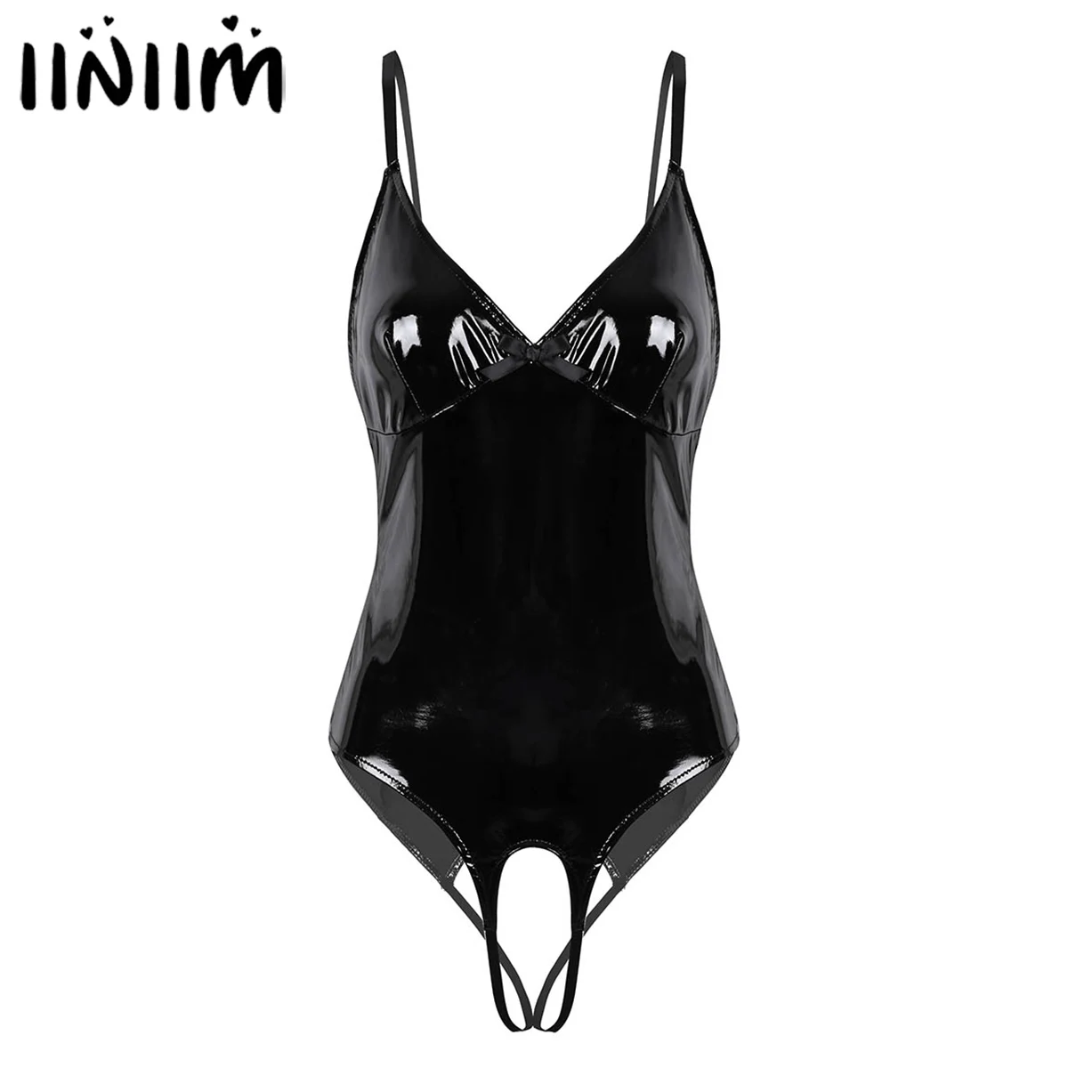 

iiniim Womens Lingerie Bodystocking Femme Open Crotch Wetlook Costumes Patent Leather Straps Crotchless Sissy Clubwear Bodysuit