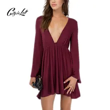 City Women Casual Dress Long Flare Sleeve Deep V Neck Sexy Empire A Line Red Green Elegant Slim Dress 2017 Spring Fashion 262